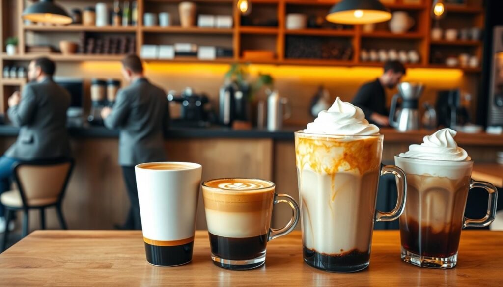 A stylish café setting featuring a wooden counter adorned with a variety of coffee drinks in three distinct sizes: small, medium, and large cups, each showcasing different colors and textures of the coffee. In the foreground, the small cup is dark espresso with a tiny swirl of cream, the medium is a latte with beautiful latte art, and the large is a vibrant iced coffee topped with whipped cream. The background has a cozy, inviting vibe with warm lighting illuminating the space, wooden shelves lined with coffee beans and brewing equipment, and patrons engaged in conversation. Capture this scene from a slightly elevated angle to showcase the sizes prominently, creating an atmosphere of warmth and engagement, ideal for coffee lovers. A stylish café setting featuring a wooden counter adorned with a variety of coffee drinks in three distinct sizes: small, medium, and large cups, each showcasing different colors and textures of the coffee. In the foreground, the small cup is dark espresso with a tiny swirl of cream, the medium is a latte with beautiful latte art, and the large is a vibrant iced coffee topped with whipped cream. The background has a cozy, inviting vibe with warm lighting illuminating the space, wooden shelves lined with coffee beans and brewing equipment, and patrons engaged in conversation. Capture this scene from a slightly elevated angle to showcase the sizes prominently, creating an atmosphere of warmth and engagement, ideal for coffee lovers.