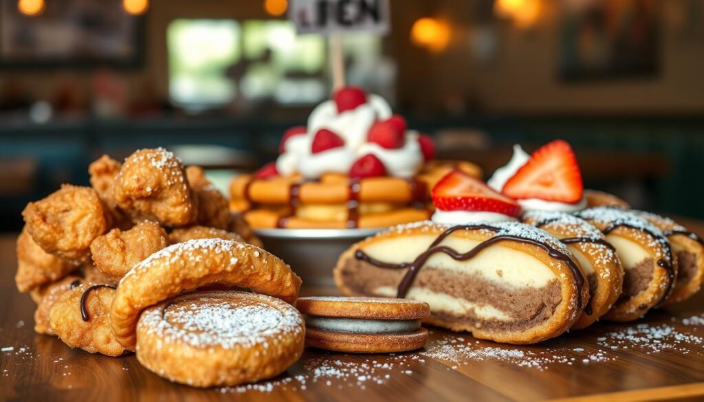 A tempting assortment of fried desserts featured prominently on a wooden table. In the foreground, perfectly golden-brown fried Oreos dusted with powdered sugar, alongside crispy fried cheesecake slices drizzled with chocolate sauce. In the middle, a vibrant dish of funnel cake, steaming slightly, topped with a mountain of whipped cream and fresh strawberries. The background contains a mellow diner setting, with warm lighting casting a cozy glow over the scene. The focus is sharp, capturing the textures of each dessert, while a slight vignette effect softens the edges, enhancing the inviting mood. The overall atmosphere is cheerful and indulgent, perfect for ice cream lovers seeking delightful crunchy add-ons.