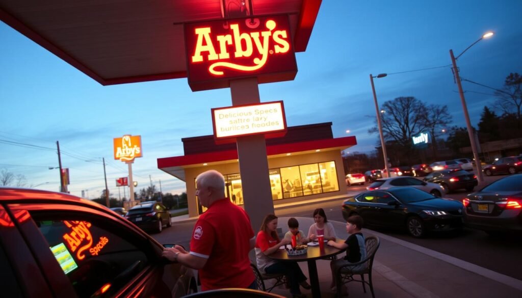 A vibrant Arby’s restaurant scene at dusk, showcasing a bustling drive-thru and inviting dine-in area. In the foreground, a friendly employee in a red Arby’s uniform attends to a couple placing their order at the drive-thru window, with an array of enticing menu specials visible on the digital display. The middle ground features a family enjoying their meals at a cozy table, illuminated by soft, warm lighting that creates a welcoming atmosphere. In the background, the restaurant’s bright signage glows against the evening sky, contrasting with the nearby busy street filled with cars. Capture the lively ambiance, emphasizing delicious food and customer interaction, with a slight focus on the Arby’s branding. Use a wide-angle lens to enhance the depth of the scene, conveying a sense of community and connection to great deals. A vibrant Arby’s restaurant scene at dusk, showcasing a bustling drive-thru and inviting dine-in area. In the foreground, a friendly employee in a red Arby’s uniform attends to a couple placing their order at the drive-thru window, with an array of enticing menu specials visible on the digital display. The middle ground features a family enjoying their meals at a cozy table, illuminated by soft, warm lighting that creates a welcoming atmosphere. In the background, the restaurant’s bright signage glows against the evening sky, contrasting with the nearby busy street filled with cars. Capture the lively ambiance, emphasizing delicious food and customer interaction, with a slight focus on the Arby’s branding. Use a wide-angle lens to enhance the depth of the scene, conveying a sense of community and connection to great deals.