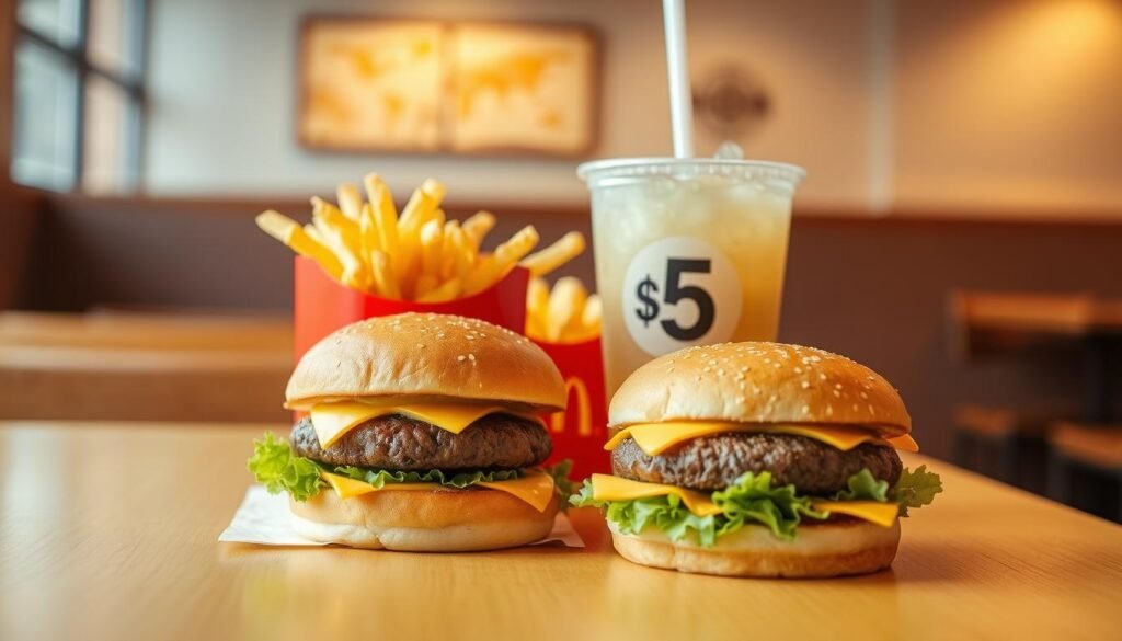 A vibrant McDonald’s $5 Meal Deal displayed on a clean, bright wooden table. In the foreground, a large, appetizing hamburger with cheese, fresh lettuce, and a juicy patty, next to a serving of golden, crisp French fries in a branded box. The middle layer features a refreshing soft drink in a clear cup with ice and a straw. The background includes a subtle hint of a McDonald's restaurant interior, warm lighting illuminating the scene, creating a cozy and inviting atmosphere. The lens angle captures the meal from above, emphasizing the delightful arrangement of food. The overall mood is cheerful and casual, perfect for showcasing value and savings in fast dining.
