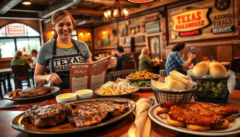 A vibrant Texas Roadhouse restaurant scene showcasing a wooden table adorned with mouth-watering dishes such as sizzling steak, chicken fried steak, and fresh salads, complemented by a basket of warm, fluffy rolls and cinnamon butter. In the foreground, a waitress wearing a Texas Roadhouse shirt and modest jeans smiles while presenting a menu with boldly displayed “Deals” and “Discounts” highlighted. The middle layer features patrons enjoying their meals, showcasing a warm, friendly atmosphere with rustic wooden decor and cowboy-themed accents, like rope and vintage signs. In the background, soft lighting creates an inviting ambiance, accentuated by the warm glow from hanging pendant lights. The image captures the lively spirit of a family-friendly dining experience where customers can delight in delicious food at affordable prices.