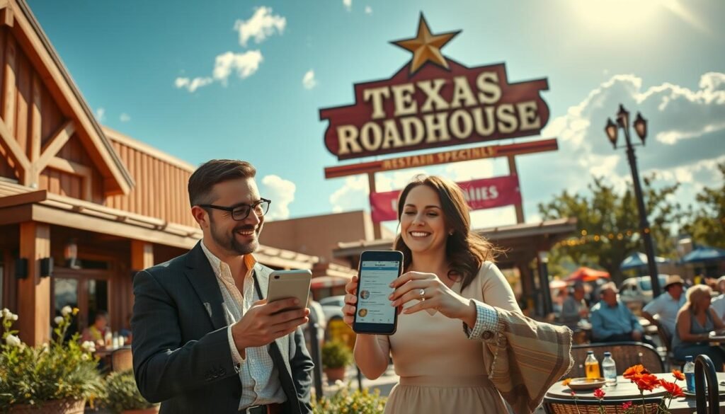 A vibrant Texas Roadhouse restaurant setting in a sunny, bustling town, showcasing a welcoming exterior with wooden accents and a classic Western-style sign. In the foreground, a well-dressed couple, smiling and discussing the menu, hold a smartphone displaying today's specials, dressed in casual professional attire. The middle ground features an open patio with customers enjoying meals, surrounded by rustic decor and blooming Texas wildflowers. In the background, a bright blue sky with fluffy clouds enhances the lively atmosphere. The sun casts soft, warm lighting, emphasizing the inviting charm of the restaurant. Use a slight angle from above, capturing the essence of a joyous dining experience, conveying excitement for the specials offered today while maintaining a welcoming and family-friendly vibe.
