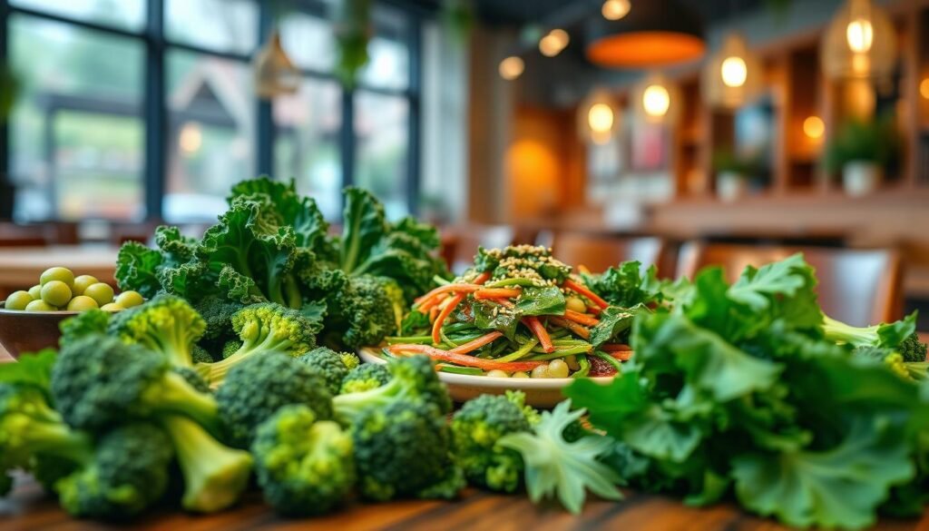 A vibrant and appealing display of an assortment of super greens featuring a variety of fresh, colorful vegetables. In the foreground, there are bright green broccoli florets, kale leaves, and spinach, artfully arranged on a rustic wooden table. A small bowl of edamame beans can be seen, adding an inviting touch. In the middle, a beautifully plated dish showcases the super greens, garnished with sesame seeds and a light drizzle of soy sauce. The background features a softly blurred Asian-inspired restaurant setting, with warm, ambient lighting that creates a cozy atmosphere. The angle is slightly elevated, providing a clear view of the dish, emphasizing its freshness and vibrant color palette, inspiring a sense of healthfulness and delightful flavors. A vibrant and appealing display of an assortment of super greens featuring a variety of fresh, colorful vegetables. In the foreground, there are bright green broccoli florets, kale leaves, and spinach, artfully arranged on a rustic wooden table. A small bowl of edamame beans can be seen, adding an inviting touch. In the middle, a beautifully plated dish showcases the super greens, garnished with sesame seeds and a light drizzle of soy sauce. The background features a softly blurred Asian-inspired restaurant setting, with warm, ambient lighting that creates a cozy atmosphere. The angle is slightly elevated, providing a clear view of the dish, emphasizing its freshness and vibrant color palette, inspiring a sense of healthfulness and delightful flavors.