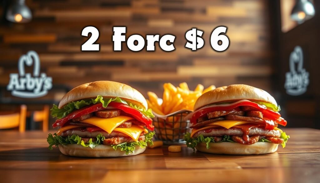 A vibrant and appetizing display of an Arby's 2 for $6 deal on a wooden table. In the foreground, highlight two delicious sandwiches stacked neatly, each with fresh ingredients, like crispy lettuce, melted cheese, and succulent meats, glistening with sauces. Next to the sandwiches, a basket of curly fries adds a sense of indulgence. The middle of the image features a rustic wooden backdrop adorned with natural lighting that creates a warm and inviting atmosphere. In the background, subtly blurred Arby’s branding elements or restaurant decor enhance the setting without being overpowering. The lighting should be soft, emanating from the sides, to evoke a cozy, friendly vibe, inviting viewers to savor the value. Ensure that no text or commercial overlays are included in the composition. A vibrant and appetizing display of an Arby's 2 for $6 deal on a wooden table. In the foreground, highlight two delicious sandwiches stacked neatly, each with fresh ingredients, like crispy lettuce, melted cheese, and succulent meats, glistening with sauces. Next to the sandwiches, a basket of curly fries adds a sense of indulgence. The middle of the image features a rustic wooden backdrop adorned with natural lighting that creates a warm and inviting atmosphere. In the background, subtly blurred Arby’s branding elements or restaurant decor enhance the setting without being overpowering. The lighting should be soft, emanating from the sides, to evoke a cozy, friendly vibe, inviting viewers to savor the value. Ensure that no text or commercial overlays are included in the composition.