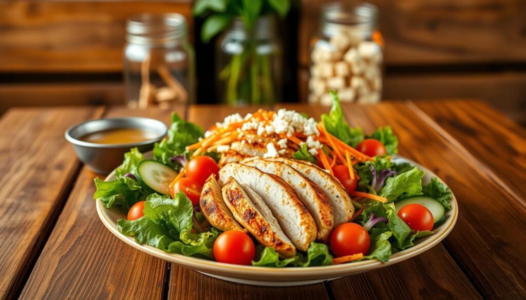 A vibrant and appetizing grilled chicken salad displayed on a rustic wooden table. In the foreground, a hearty portion of sliced grilled chicken breast is artfully arranged over a bed of fresh mixed greens, including crisp romaine and colorful cherry tomatoes. Thinly sliced cucumbers and shredded carrots add a crunchy texture, while a light drizzle of tangy vinaigrette glistens on top. The middle ground features a small bowl of extra dressing and a sprinkle of feta cheese for added flavor. In the background, softly blurred wooden benches and decorative mason jars create a warm, inviting atmosphere reminiscent of a cozy restaurant. The scene is bathed in warm, natural lighting, evoking a relaxed, casual dining experience. The angle captures the entire dish with a slight overhead perspective, highlighting the freshness and vibrant colors of the ingredients.