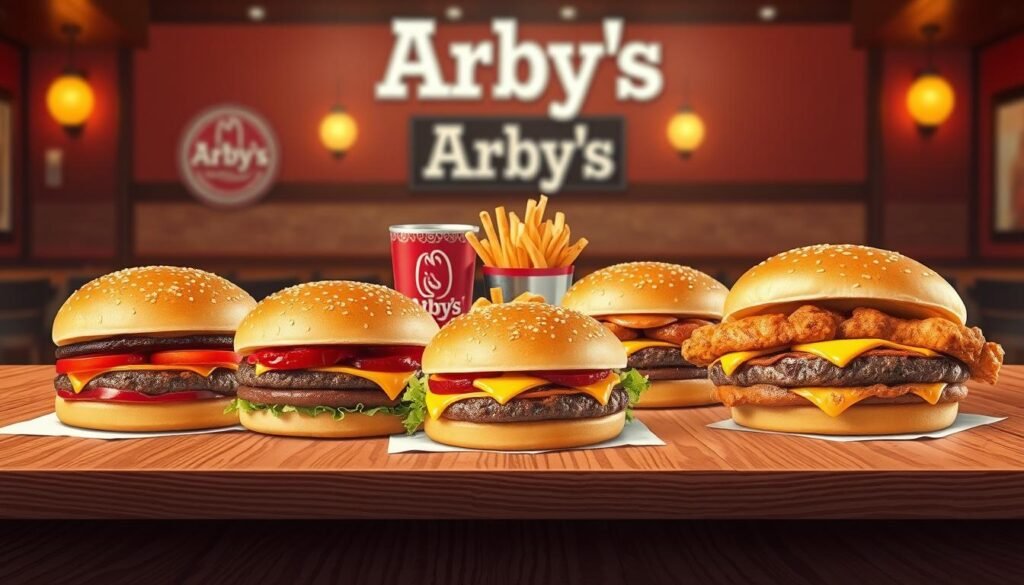 A vibrant and appetizing illustration of an Arby's burger menu featuring a variety of the brand's signature burgers, including the Classic Roast Beef, Beef ‘n Cheddar, and the Crispy Chicken Sandwich. In the foreground, showcase an elegant wooden table displaying beautifully arranged burgers with their unique toppings, glistening sauces, and fresh ingredients, highlighting the textures and colors. The middle ground should include an enticing side of curly fries and a soft drink, enhancing the fast-food experience. In the background, a warm, inviting restaurant setting with subtle lighting and soft-focus details creates a welcoming atmosphere. The mood is casual yet appealing, perfect for showcasing the delicious offerings and enticing customers to explore Arby's burger selection.
