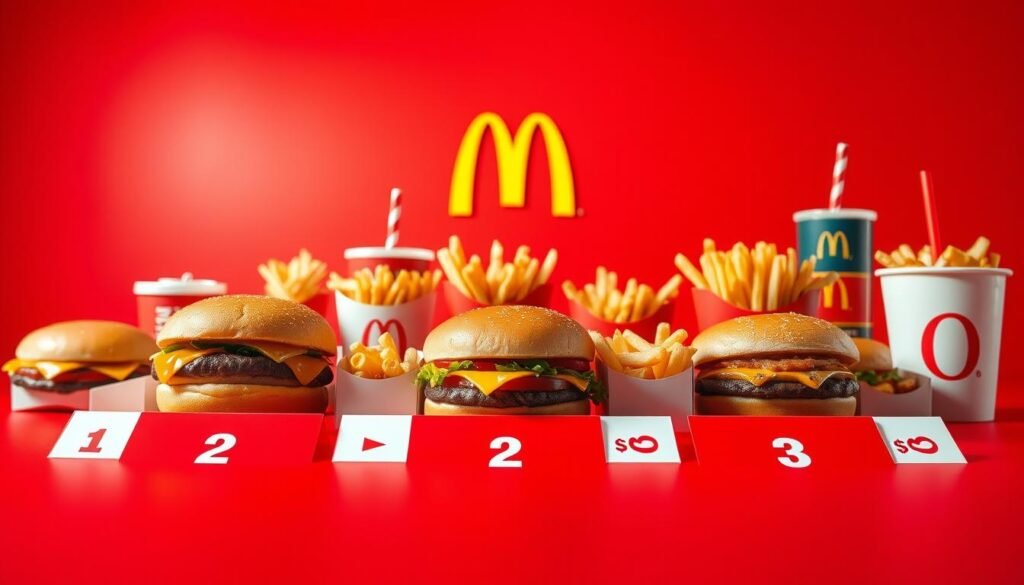 A vibrant and colorful depiction of the McDonald's $1, $2, and $3 Menu, showcasing a selection of iconic menu items arranged neatly on a bright red background. In the foreground, focus on three distinct sections, each labeled with their respective price tiers: $1, $2, and $3. Include well-known items such as cheeseburgers, fries, and drinks, creatively illustrated to highlight their appeal, with realistic textures and vibrant colors. The middle ground should feature subtle elements of the McDonald's branding, like the golden arches, harmonizing with the menu items. The image should be brightly lit to create an inviting, appetizing atmosphere, with a slight tilt-angle perspective to add depth, making the menu visually engaging and enticing for viewers.