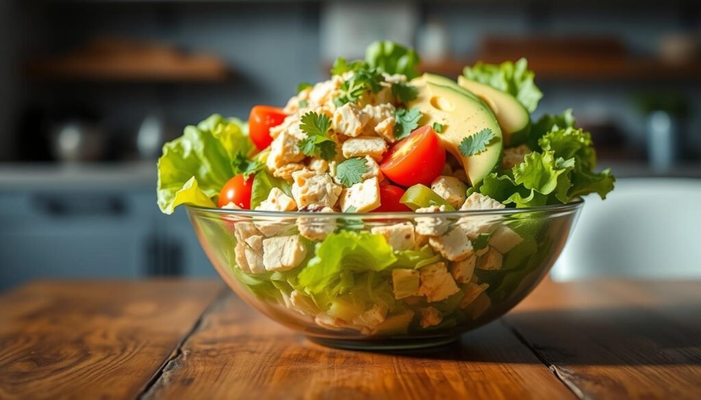 A vibrant and colorful salad bowl, overflowing with fresh, low-carb ingredients ideal for a Keto diet. The bowl features a mix of crisp romaine lettuce, diced grilled chicken, ripe cherry tomatoes, creamy avocado slices, shredded cheese, and a sprinkle of cilantro. In the foreground, the salad bowl is artistically arranged on a rustic wooden table, reflecting the healthy, fresh theme of a Chipotle meal. Soft, natural lighting illuminates the ingredients, highlighting their textures and colors while casting gentle shadows. In the background, there's a blurred hint of a modern kitchen environment, suggesting a home-cooked meal. The overall mood is inviting and refreshing, encouraging healthy eating choices. A vibrant and colorful salad bowl, overflowing with fresh, low-carb ingredients ideal for a Keto diet. The bowl features a mix of crisp romaine lettuce, diced grilled chicken, ripe cherry tomatoes, creamy avocado slices, shredded cheese, and a sprinkle of cilantro. In the foreground, the salad bowl is artistically arranged on a rustic wooden table, reflecting the healthy, fresh theme of a Chipotle meal. Soft, natural lighting illuminates the ingredients, highlighting their textures and colors while casting gentle shadows. In the background, there's a blurred hint of a modern kitchen environment, suggesting a home-cooked meal. The overall mood is inviting and refreshing, encouraging healthy eating choices.