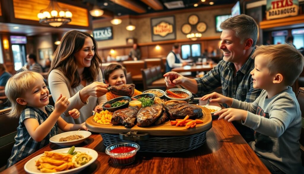 A vibrant and cozy family setting at a Texas Roadhouse restaurant, where a diverse group of four people enjoys a hearty meal together. In the foreground, a mom and dad, dressed in modest casual attire, share laughter as they pass around a large platter of delicious steaks, ribs, and sides, showcasing the restaurant's famous offerings. The two cheerful kids, excited and playful, are seated at the table, ready to dig into their meals. The middle layer features a rustic wooden table adorned with appetizing dishes, a basket of freshly baked bread, and vibrant side dishes. In the background, the warm, inviting atmosphere of the restaurant is filled with warm lighting, wooden decor, and smiling servers, creating a lively dining scene. The overall mood is joyful and familial, perfect for showcasing togetherness and affordability.