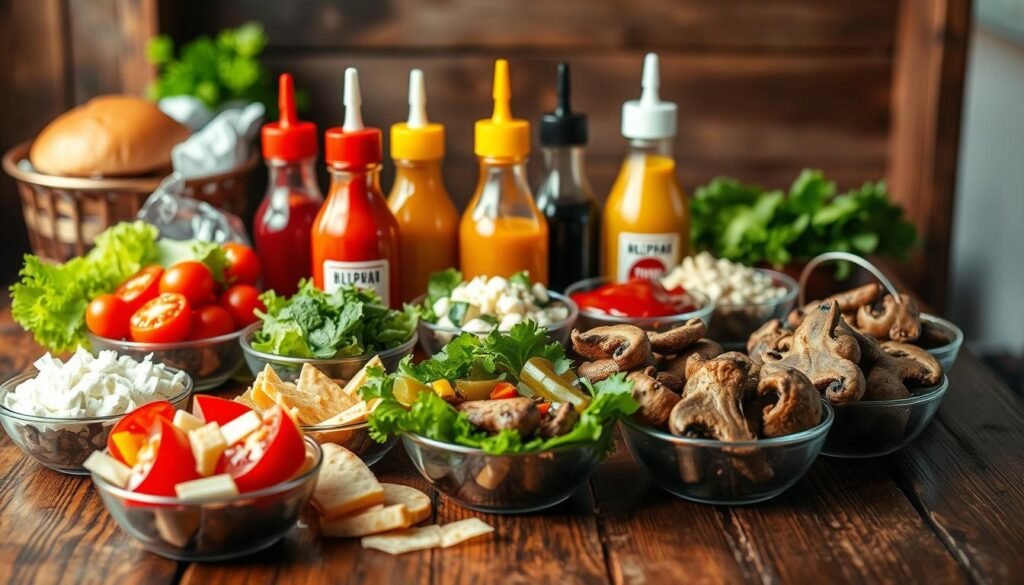 A vibrant and enticing display of various gluten-free burger toppings, sauces, and condiments arranged artfully on a rustic wooden table. In the foreground, fresh ingredients like ripe tomatoes, crisp lettuce, sliced pickles, sautéed mushrooms, and a variety of cheeses sit in small bowls, each vividly colored to highlight their freshness. In the middle, several squeeze bottles filled with flavorful sauces such as ketchup, mustard, and mayonnaise create a lively contrast. In the background, a blurred image of a burger bun hints at the delicious meal to come. The lighting is warm and inviting, casting soft shadows and enhancing the colors. The atmosphere is casual and appetizing, perfect for a food-related article. A vibrant and enticing display of various gluten-free burger toppings, sauces, and condiments arranged artfully on a rustic wooden table. In the foreground, fresh ingredients like ripe tomatoes, crisp lettuce, sliced pickles, sautéed mushrooms, and a variety of cheeses sit in small bowls, each vividly colored to highlight their freshness. In the middle, several squeeze bottles filled with flavorful sauces such as ketchup, mustard, and mayonnaise create a lively contrast. In the background, a blurred image of a burger bun hints at the delicious meal to come. The lighting is warm and inviting, casting soft shadows and enhancing the colors. The atmosphere is casual and appetizing, perfect for a food-related article.