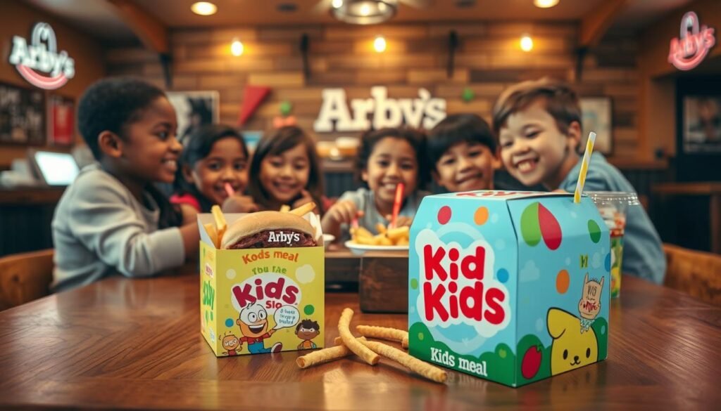 A vibrant and inviting Arby’s kids meal display, featuring a colorful box with playful graphics and animated characters, prominently positioned in the foreground. The meal includes a small roast beef sandwich, curly fries, and a fruit cup, artistically arranged to showcase the food's freshness. In the middle ground, a cheerful and diverse group of children, dressed in modest casual clothing, joyfully enjoying their meals together at a rustic wooden table. The context is a brightly lit, family-friendly fast-food restaurant setting, with warm lighting that enhances the cozy atmosphere. The background subtly includes Arby’s branding elements like the logo and decor, while ensuring no text is visible. The angle is slightly tilted downwards to capture both the children’s interactions and the meal details, evoking a sense of happiness and togetherness.