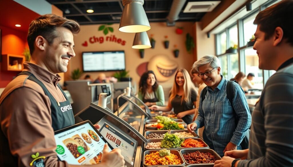 A vibrant and inviting Chipotle restaurant interior showcasing a diverse vegan menu. In the foreground, a friendly staff member in a Chipotle uniform assists customers with a digital tablet displaying plant-based options. The middle ground features a neatly arranged counter filled with fresh, colorful ingredients such as beans, veggies, and guacamole. Customers are happily engaging with the menu choices, clad in modest casual clothing, expressing excitement over their selections. The background captures the warm ambiance of the restaurant, adorned with earthy tones and lively decorations, illuminated by soft, natural lighting. The scene conveys a relaxed, stress-free atmosphere, inviting patrons to enjoy their vegan dining experience. The angle is slightly elevated, providing a clear view of the ordering process while maintaining focus on the vibrant menu items. A vibrant and inviting Chipotle restaurant interior showcasing a diverse vegan menu. In the foreground, a friendly staff member in a Chipotle uniform assists customers with a digital tablet displaying plant-based options. The middle ground features a neatly arranged counter filled with fresh, colorful ingredients such as beans, veggies, and guacamole. Customers are happily engaging with the menu choices, clad in modest casual clothing, expressing excitement over their selections. The background captures the warm ambiance of the restaurant, adorned with earthy tones and lively decorations, illuminated by soft, natural lighting. The scene conveys a relaxed, stress-free atmosphere, inviting patrons to enjoy their vegan dining experience. The angle is slightly elevated, providing a clear view of the ordering process while maintaining focus on the vibrant menu items.