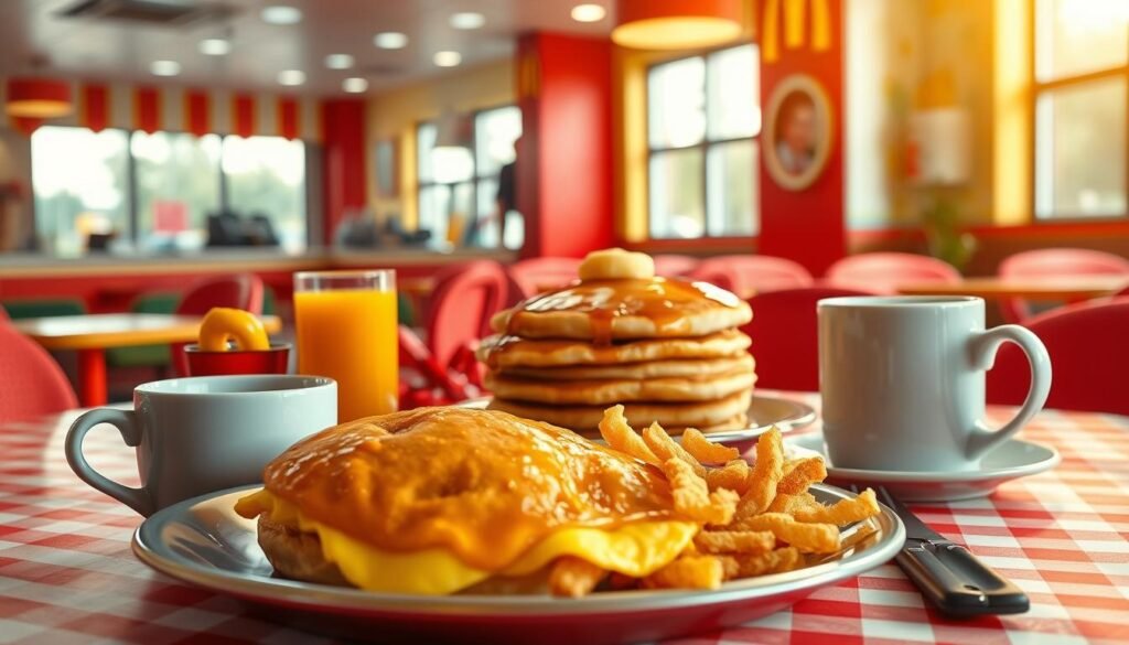 A vibrant and inviting McDonald’s breakfast scene, featuring a beautifully arranged table with an array of popular breakfast items. In the foreground, a golden, flaky Egg McMuffin, crispy hash browns, and a steaming cup of fresh coffee sit atop a red and white checkered tablecloth. In the middle, a glistening stack of hot pancakes with syrup drizzled on top, alongside a refreshing orange juice in a clear glass. The background showcases a bright and cheerful McDonald's restaurant interior, with colorful décor and warm lighting. A soft-focus lens captures the warm morning light streaming through the windows, creating a cozy and welcoming atmosphere, perfect for enjoying breakfast. A vibrant and inviting McDonald’s breakfast scene, featuring a beautifully arranged table with an array of popular breakfast items. In the foreground, a golden, flaky Egg McMuffin, crispy hash browns, and a steaming cup of fresh coffee sit atop a red and white checkered tablecloth. In the middle, a glistening stack of hot pancakes with syrup drizzled on top, alongside a refreshing orange juice in a clear glass. The background showcases a bright and cheerful McDonald's restaurant interior, with colorful décor and warm lighting. A soft-focus lens captures the warm morning light streaming through the windows, creating a cozy and welcoming atmosphere, perfect for enjoying breakfast.