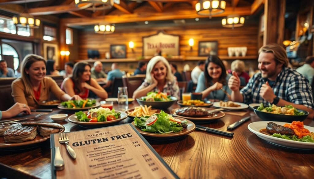A vibrant and inviting dining scene at Texas Roadhouse, showcasing a wooden table set with an array of gluten-free menu items such as delicious grilled steaks, fresh salads, and colorful sides, arranged artistically. In the foreground, a rustic wooden menu partially visible, emphasizing the prices of each item with highlighted sections, inviting curiosity about the gluten-free options. The middle ground features cheerful diners, a mix of diverse ages and backgrounds, casually dressed, enjoying their meals in a warmly lit, rustic steakhouse environment filled with cozy, wooden accents. The background includes warm overhead lights casting a soft glow, with the restaurant's signature decor subtly displayed. The overall mood is warm, welcoming, and casual, ideal for a comforting dining experience.