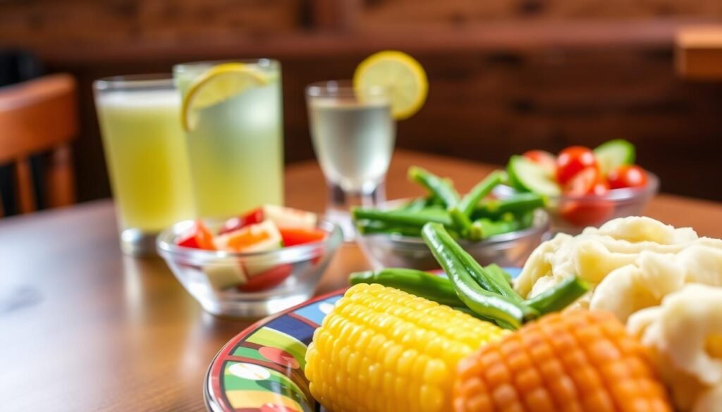 A vibrant and inviting display of various kids' menu side dishes at a Texas Roadhouse. In the foreground, a colorful plate featuring buttery corn on the cob, crispy green beans, and creamy mashed potatoes, artfully arranged to highlight their textures. In the middle ground, a small glass of refreshing lemonade with a slice of lemon, accompanied by a bowl of mini salad with cherry tomatoes and cucumbers. The background features a rustic wooden table, softly lit with warm, natural light that evokes a cozy, family-friendly dining atmosphere. The lens captures these elements from a slightly elevated angle to enhance their appeal, while the overall mood feels cheerful and inviting, perfect for children dining out.