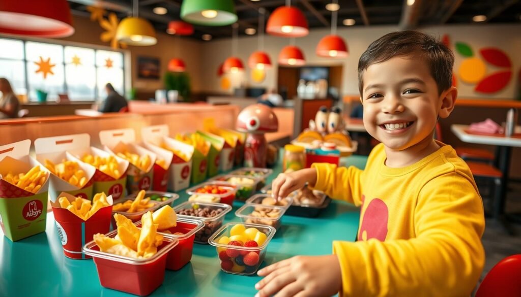 A vibrant and inviting kids’ meal customization scene featuring a colorful table filled with various meal components at an Arby's restaurant. In the foreground, a cheerful child with a big smile is customizing their meal, selecting from a variety of toppings and sides like fries, apple slices, and fruit snacks. The middle ground showcases an array of attractive, kid-friendly meal options displayed in neat containers, emphasizing the fun of choosing different flavors and combinations. The background includes a modern, family-friendly dining area with bright decorations and playful elements, creating a lively atmosphere. The lighting is warm and natural, enhancing the cheerful mood, with a slight focus on the kid's joyful expression.