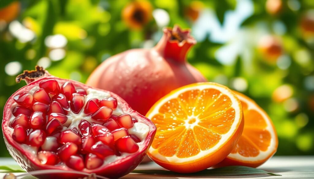 A vibrant and refreshing illustration of orange pomegranate flavors, featuring a cut pomegranate with glistening orange seeds and juice. The foreground showcases droplets of juice clinging to the fruit, emphasizing its freshness. In the middle, a vibrant orange slice rests next to the pomegranate, creating a contrast of colors. The background presents a blurred greenery, evoking a citrus orchard atmosphere with dappled sunlight filtering through leaves. The lighting should be bright and inviting, highlighting the textures of the fruits and creating a sense of zest and vibrancy. The entire composition should exude a tangy, energetic mood, suitable for showcasing citrus-inspired energy drinks.