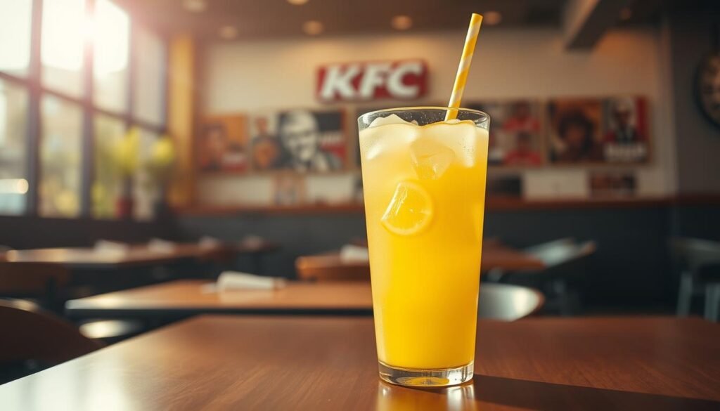 A vibrant and refreshing scene featuring a KFC lemonade cup, prominently displayed in the foreground. The glass is filled with bright yellow lemonade, ice cubes glistening under soft, natural lighting, and a colorful straw nestled inside. In the middle ground, a blurred background shows a modern KFC restaurant setting, creating a casual dining atmosphere with warm, inviting tones. Sunlight filters through the windows, casting gentle reflections on the table. The mood is cheerful and refreshing, inviting viewers to imagine enjoying a cool drink on a warm day. The composition emphasizes the lemonade, celebrating its vibrant color and enticing appearance without any distracting elements.