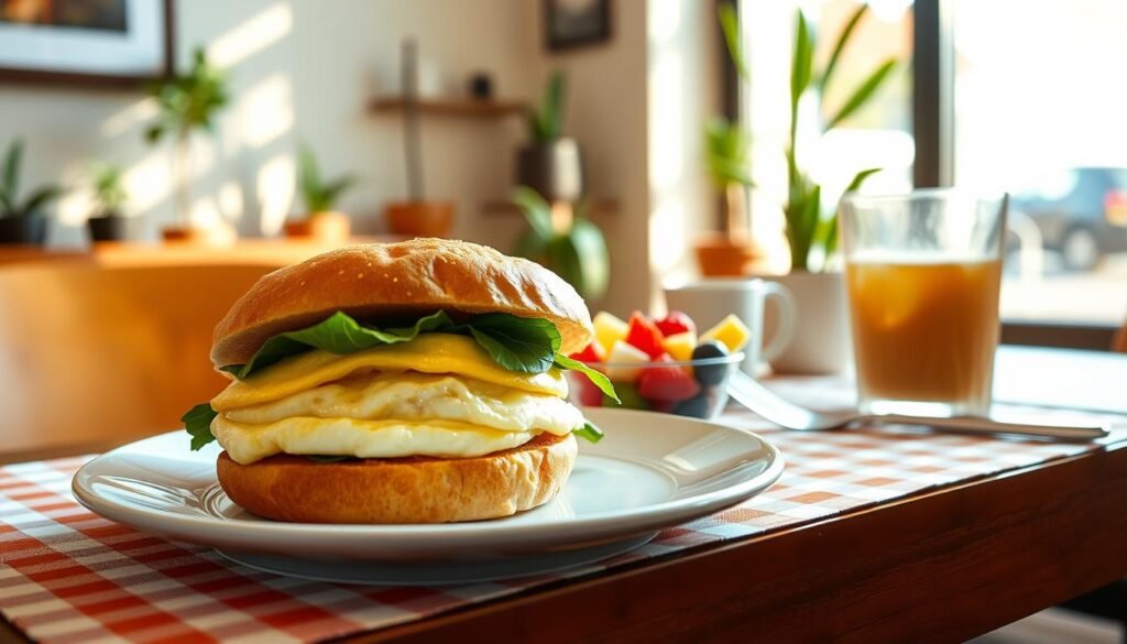 A vibrant and warm breakfast scene showcasing lighter and wholesome items from a McDonald's breakfast menu. In the foreground, feature a beautifully arranged plate with a fluffy egg white and spinach breakfast sandwich, a small bowl of fresh mixed fruit, and a transparent cup of iced coffee. The middle ground includes a neatly set table with a checkered cloth, and a sunny window casting soft, natural light across the scene. In the background, a hint of a cozy café ambiance with potted plants and minimalist decor. The mood is inviting and fresh, suggesting a healthy start to the day, captured with a shallow depth of field to focus on the delicious food. Use natural lighting that enhances the colors and textures, shot from a slight angle for depth.