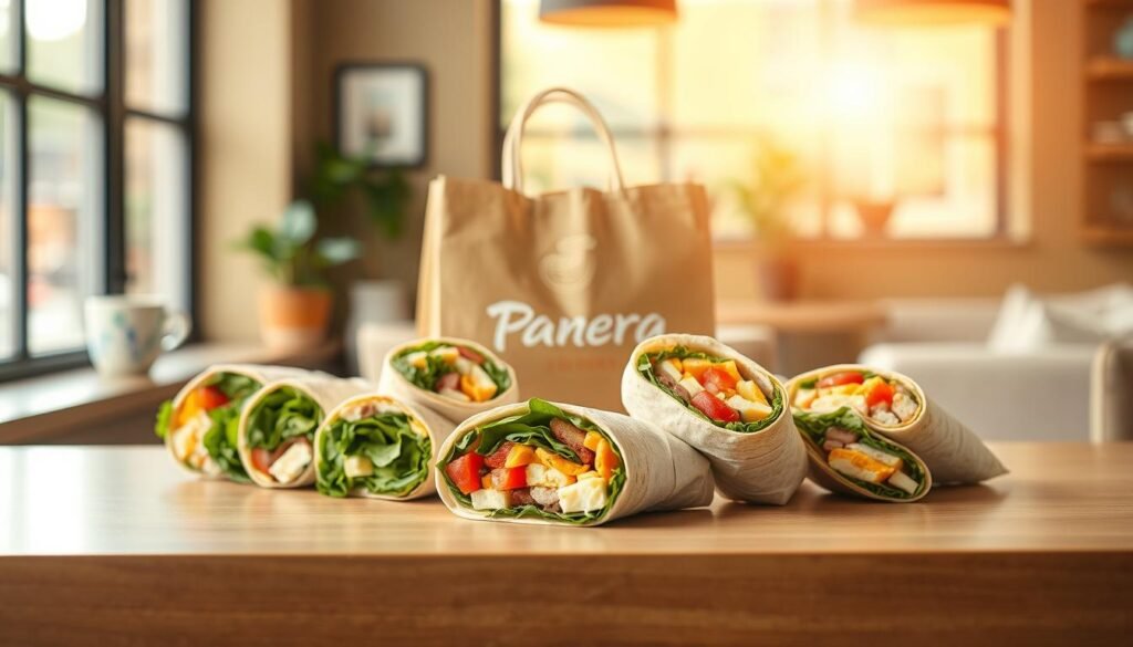 A vibrant, appealing scene showcasing a variety of breakfast wraps placed on a sleek, wooden table. In the foreground, the wraps are neatly arranged, colorful fillings visible—such as fresh spinach, eggs, tomatoes, and cheese, each wrap perfectly rolled and cut in half to reveal their delicious contents. The middle ground features a stylish grab-and-go bag with the Panera Bread logo, emphasizing convenience. In the background, warm, soft lighting from a window creates a cozy atmosphere, enhancing the breakfast theme. A blurred café setting is visible, with fresh coffee mugs and potted plants, inviting a sense of comfort and leisure. The overall mood is energizing and welcoming, perfect for a busy morning.
