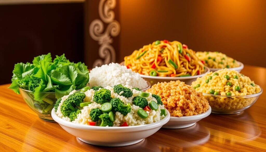 A vibrant arrangement of four distinct side dishes from Panda Express is presented on a polished wooden table. In the foreground, a colorful bowl of Super Greens glistens with a light sesame dressing, surrounded by bright green broccoli, kale, and snap peas. The middle ground features a generous serving of fluffy white Steamed Rice, its grains perfectly separated and steaming gently. Next to it, a heaping portion of Chow Mein, with its golden noodles and colorful vegetables, adds richness to the scene. Finally, a plate of Fried Rice, speckled with peas and scrambled egg, completes the ensemble. The background softly blurs out with warm, diffused lighting enhancing the freshness of the dishes, evoking a cozy and inviting atmosphere. The angle captures all dishes evenly, inviting viewers to enjoy the hearty and nutritious offerings.
