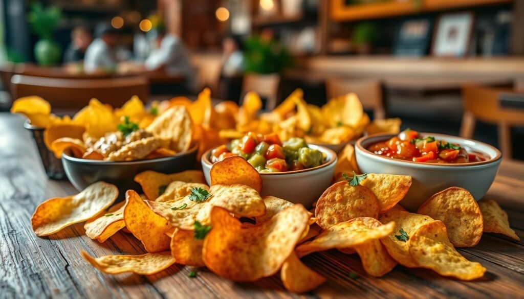 A vibrant arrangement of various gluten-free chips displayed artistically on a rustic wooden table. In the foreground, a close-up of crunchy potato and tortilla chips, perfectly golden and crisp, sprinkled with fresh herbs for added flair. In the middle, a small bowl filled with rich, creamy guacamole and another with a zesty, homemade salsa, invitingly positioned nearby. The background features a subtle blur of a casual dining environment, with warm lighting that creates a cozy, welcoming atmosphere. The scene captures an inviting and social mood, ideal for sharing appetizers, with soft shadows enhancing the textures and colors of the chips and dips.