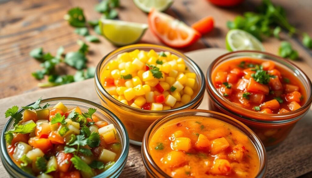 A vibrant assortment of fresh, colorful salsas displayed in small glass bowls, each with a unique texture and color. In the foreground, a bowl of chunky tomato salsa with cilantro and diced onions, next to a smooth, creamy guacamole sprinkled with lime. In the middle, a fresh corn salsa bursting with yellow kernels and diced peppers, contrasted by a fiery red salsa made with roasted tomatoes and green chilies. The background features a rustic wooden table and a blurred view of fresh cilantro and lime halves scattered artistically. Soft, natural lighting enhances the freshness of the ingredients, casting gentle shadows that create a warm and inviting atmosphere. The image captures a sense of celebration and flavor, emphasizing the vibrant colors and textures of the salsas. A vibrant assortment of fresh, colorful salsas displayed in small glass bowls, each with a unique texture and color. In the foreground, a bowl of chunky tomato salsa with cilantro and diced onions, next to a smooth, creamy guacamole sprinkled with lime. In the middle, a fresh corn salsa bursting with yellow kernels and diced peppers, contrasted by a fiery red salsa made with roasted tomatoes and green chilies. The background features a rustic wooden table and a blurred view of fresh cilantro and lime halves scattered artistically. Soft, natural lighting enhances the freshness of the ingredients, casting gentle shadows that create a warm and inviting atmosphere. The image captures a sense of celebration and flavor, emphasizing the vibrant colors and textures of the salsas.