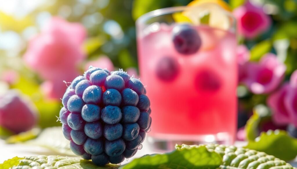 A vibrant blue raspberry, with its rich, textured skin and plump, juicy form, prominently placed in the foreground. Surrounding the raspberry are dewdrops glistening on the surface, enhancing its freshness. In the middle ground, a glass of refreshing lemonade with an ice-cold appearance, infused with a blue raspberry hue, sits against a backdrop of soft-focus summer greenery, suggesting a warm, sunny day. The lighting is bright and cheerful, mimicking sunlight filtering through leaves, casting playful shadows. The scene conveys a lively, summery atmosphere, perfect for a beverage spot, evoking a sense of refreshing delight and nostalgia for warm-weather drinks. The angle should be slightly above eye level to emphasize the refreshing nature of the lemonade and the luscious blue raspberry. A vibrant blue raspberry, with its rich, textured skin and plump, juicy form, prominently placed in the foreground. Surrounding the raspberry are dewdrops glistening on the surface, enhancing its freshness. In the middle ground, a glass of refreshing lemonade with an ice-cold appearance, infused with a blue raspberry hue, sits against a backdrop of soft-focus summer greenery, suggesting a warm, sunny day. The lighting is bright and cheerful, mimicking sunlight filtering through leaves, casting playful shadows. The scene conveys a lively, summery atmosphere, perfect for a beverage spot, evoking a sense of refreshing delight and nostalgia for warm-weather drinks. The angle should be slightly above eye level to emphasize the refreshing nature of the lemonade and the luscious blue raspberry.