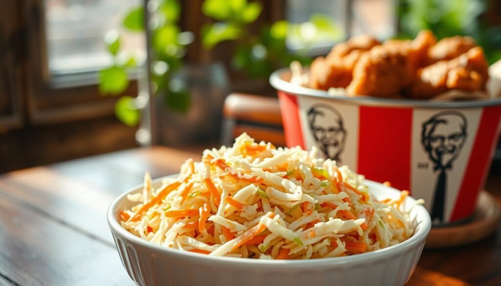A vibrant bowl of KFC coleslaw, prominently displayed in the foreground, filled with finely shredded cabbage, carrots, and a creamy dressing glistening under soft, natural light. The bowl should be white ceramic, contrasting against a rustic wooden table surface. In the middle ground, a rustic KFC bucket filled with crispy fried chicken, partially visible, hints at an inviting meal setting. In the background, softly blurred, a hint of green foliage adds freshness to the atmosphere. The overall mood should evoke a sense of comfort and indulgence, showcasing a delicious side dish that complements a hearty meal. The composition should be shot at eye level with a shallow depth of field for crisp detail on the coleslaw while gently blurring the background to draw focus to the dish.
