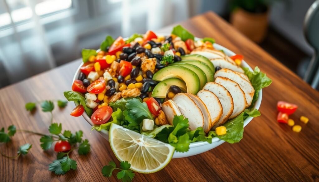 A vibrant bowl of Southwest Avocado Chicken Salad sits center stage, showcasing fresh mixed greens, juicy grilled chicken slices, and creamy avocado chunks. Surrounding the salad are colorful diced tomatoes, black beans, corn, and shredded cheese, all artfully arranged to highlight their textures and colors. The foreground features a sprinkle of cilantro and a lime wedge for brightness. In the middle, a wooden table adds warmth, reflecting soft natural light from a nearby window, creating gentle shadows. The background is softly blurred, hinting at a cozy indoor dining setting, enhancing the inviting atmosphere. The image conveys freshness and healthiness, perfect for illustrating a nutritious meal option. The perspective is slightly top-down, capturing the salad's vibrant details without any text or distractions.