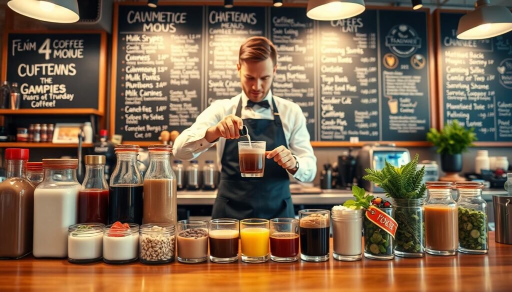 A vibrant coffee bar scene showcasing an array of customization options for drinks on a polished wooden counter. In the foreground, various ingredients are displayed, such as flavored syrups, milk alternatives, and colorful garnishes, arranged neatly in glass jars. In the middle ground, a well-dressed barista in a stylish apron prepares a drink, carefully pouring steamed milk over a rich espresso. The background features a chalkboard menu filled with enticing beverage options and warm overhead lighting, creating an inviting atmosphere. Use a slight depth of field to keep the focus on the barista and the customization options while softly blurring the background. Capture a cozy yet modern vibe that encourages creativity in drink preparation. A vibrant coffee bar scene showcasing an array of customization options for drinks on a polished wooden counter. In the foreground, various ingredients are displayed, such as flavored syrups, milk alternatives, and colorful garnishes, arranged neatly in glass jars. In the middle ground, a well-dressed barista in a stylish apron prepares a drink, carefully pouring steamed milk over a rich espresso. The background features a chalkboard menu filled with enticing beverage options and warm overhead lighting, creating an inviting atmosphere. Use a slight depth of field to keep the focus on the barista and the customization options while softly blurring the background. Capture a cozy yet modern vibe that encourages creativity in drink preparation.