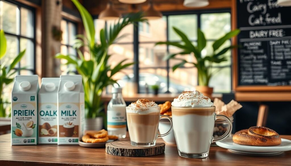 A vibrant coffee shop scene focusing on a selection of dairy-free and vegan options. In the foreground, display a beautifully arranged dairy-free coffee latte topped with plant-based whipped cream and sprinkled with cinnamon, alongside a variety of almond milk, oat milk, and coconut milk containers. In the middle, feature a rustic wooden table with delectable vegan pastries and snacks, artfully placed to tempt the viewer. The background showcases a cozy coffee shop atmosphere with warm, inviting lighting – soft sunlight streaming through large windows, highlighting lush green plants and a chalkboard menu displaying dairy-free offerings. The overall mood is inviting and relaxed, emphasizing a welcoming environment for health-conscious customers. A vibrant coffee shop scene focusing on a selection of dairy-free and vegan options. In the foreground, display a beautifully arranged dairy-free coffee latte topped with plant-based whipped cream and sprinkled with cinnamon, alongside a variety of almond milk, oat milk, and coconut milk containers. In the middle, feature a rustic wooden table with delectable vegan pastries and snacks, artfully placed to tempt the viewer. The background showcases a cozy coffee shop atmosphere with warm, inviting lighting – soft sunlight streaming through large windows, highlighting lush green plants and a chalkboard menu displaying dairy-free offerings. The overall mood is inviting and relaxed, emphasizing a welcoming environment for health-conscious customers.