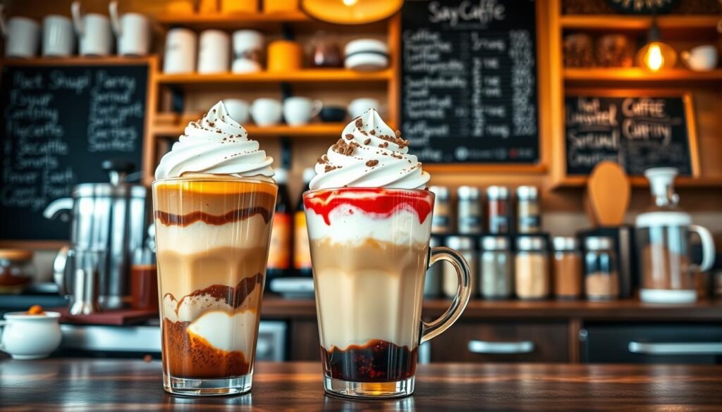 A vibrant coffee shop scene showcasing a "Customization Guide Drink" at the forefront. In the foreground, a stylishly arranged coffee cup embellished with colorful layers representing different flavor customizations, like whipped cream, syrups, and toppings, creating an enticing visual appeal. In the middle ground, a well-organized coffee station featuring various ingredients such as jars of syrups, flavor infusions, and spices, all neatly labeled. The background should depict a cozy and inviting café atmosphere with warm lighting, rustic wooden shelves filled with coffee beans and mugs, and a chalkboard menu highlighting drink options. Soft focus on the background to emphasize the foreground elements, using a shallow depth of field. The overall mood is warm, welcoming, and creative, inviting customers to explore their drink customization possibilities.