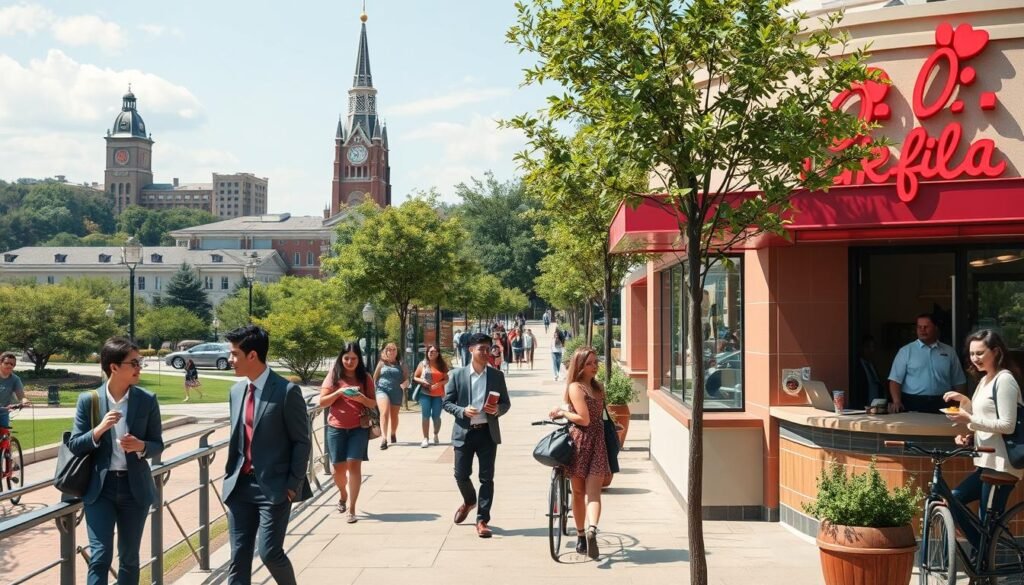 A vibrant college town scene showcasing a busy college park locale, featuring a popular Chick-fil-A restaurant prominently in the foreground. Capture young adults in professional business attire and modest casual clothing, engaging in lively conversations as they enjoy their meals on an outdoor terrace. The middle ground should display students walking along a tree-lined path, with book bags and bicycles, while friendly staff serve patrons at the Chick-fil-A counter. In the background, iconic university buildings and lush green landscapes add depth to the scene. Use bright, natural lighting to evoke a cheerful and inviting atmosphere, with a slightly elevated angle to encompass the bustling environment and the striking architecture. Aim for a dynamic yet relatable mood that reflects the charm of college life. A vibrant college town scene showcasing a busy college park locale, featuring a popular Chick-fil-A restaurant prominently in the foreground. Capture young adults in professional business attire and modest casual clothing, engaging in lively conversations as they enjoy their meals on an outdoor terrace. The middle ground should display students walking along a tree-lined path, with book bags and bicycles, while friendly staff serve patrons at the Chick-fil-A counter. In the background, iconic university buildings and lush green landscapes add depth to the scene. Use bright, natural lighting to evoke a cheerful and inviting atmosphere, with a slightly elevated angle to encompass the bustling environment and the striking architecture. Aim for a dynamic yet relatable mood that reflects the charm of college life.