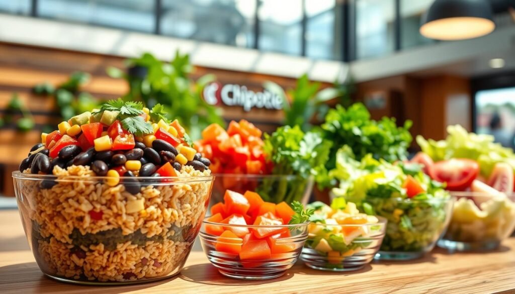 A vibrant, colorful display of various vegan options inspired by Chipotle's menu, featuring a fresh, assembled burrito bowl in the foreground, filled with layers of brown rice, black beans, roasted peppers, corn salsa, and guacamole. In the middle, a variety of fresh ingredients showcased in clear bowls, including diced tomatoes, shredded lettuce, and cilantro, arranged in an inviting manner. The background highlights a well-lit, modern Chipotle restaurant interior, with earthy wood tones and natural greenery, creating a warm, welcoming atmosphere. The lighting is bright and natural, emulating a sunny day, and the angle captures the delicious appeal of the food, inviting viewers to explore the possibilities of plant-based dining. A vibrant, colorful display of various vegan options inspired by Chipotle's menu, featuring a fresh, assembled burrito bowl in the foreground, filled with layers of brown rice, black beans, roasted peppers, corn salsa, and guacamole. In the middle, a variety of fresh ingredients showcased in clear bowls, including diced tomatoes, shredded lettuce, and cilantro, arranged in an inviting manner. The background highlights a well-lit, modern Chipotle restaurant interior, with earthy wood tones and natural greenery, creating a warm, welcoming atmosphere. The lighting is bright and natural, emulating a sunny day, and the angle captures the delicious appeal of the food, inviting viewers to explore the possibilities of plant-based dining.