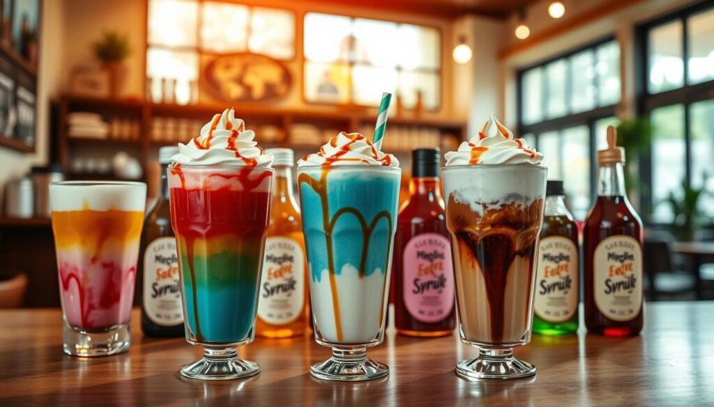A vibrant, colorful scene featuring a variety of secret drink combinations from a coffee shop's secret menu. In the foreground, there are three glasses filled with layered beverages showcasing appealing colors, topped with whipped cream and drizzles of syrup. The middle ground displays an array of syrups labeled with playful names, creating an inviting and enticing atmosphere. The background is a softly blurred coffee shop interior, bathed in warm, natural light filtering through large windows, enhancing the cozy vibe. The angle is slightly above eye level, offering a tempting view of the drinks while maintaining depth. The overall mood is playful yet sophisticated, encouraging exploration of hidden flavors in a delightful way.