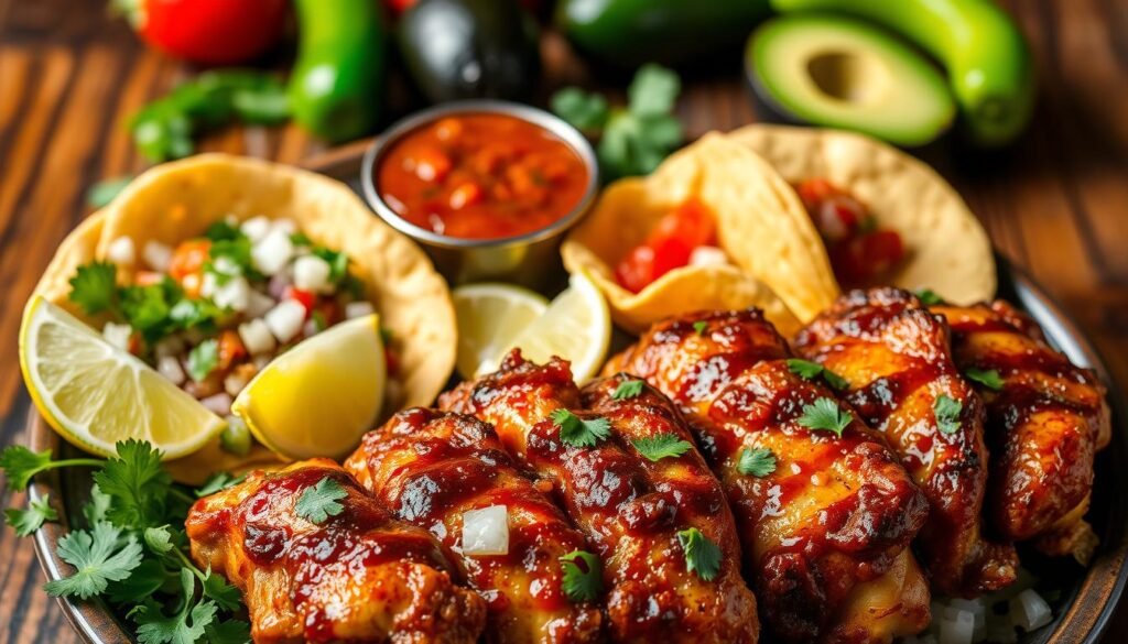 A vibrant, delicious plate of Chicken al Pastor served with colorful accompaniments. In the foreground, the chicken is beautifully marinated, with a glaze that catches the light, surrounded by cilantro, finely chopped onions, and bright lime wedges. In the middle, an elegant arrangement of soft corn tortillas, ready to be filled, alongside a small bowl of rich, smoky salsa. The background features a rustic wooden table setting, with ingredients like fresh peppers and avocados subtly placed to enhance the scene. The lighting is warm and inviting, mimicking a cozy restaurant atmosphere. Captured from a slightly top-down angle to emphasize the dish's textures and flavors, instilling a mood of delicious anticipation and appetite. A vibrant, delicious plate of Chicken al Pastor served with colorful accompaniments. In the foreground, the chicken is beautifully marinated, with a glaze that catches the light, surrounded by cilantro, finely chopped onions, and bright lime wedges. In the middle, an elegant arrangement of soft corn tortillas, ready to be filled, alongside a small bowl of rich, smoky salsa. The background features a rustic wooden table setting, with ingredients like fresh peppers and avocados subtly placed to enhance the scene. The lighting is warm and inviting, mimicking a cozy restaurant atmosphere. Captured from a slightly top-down angle to emphasize the dish's textures and flavors, instilling a mood of delicious anticipation and appetite.