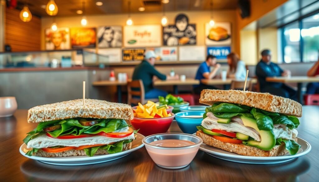 A vibrant dining table featuring a variety of sandwiches with healthy ingredient swaps visible. In the foreground, display two sandwiches: one traditional with high-calorie ingredients and the other a lighter version with whole-grain bread, lean turkey, fresh spinach, and avocado. In the middle ground, a close-up of colorful bowls filled with fresh vegetables and low-fat dressings, illustrating options for topping alternatives. In the background, a cozy fast-food restaurant setting with soft lighting, wooden accents, and patrons enjoying meals, promoting a casual atmosphere. The image captures a warm, inviting mood, emphasizing healthy choices without compromising on the dining experience. The overall focus remains on the enhanced sandwiches and their appealing ingredients.