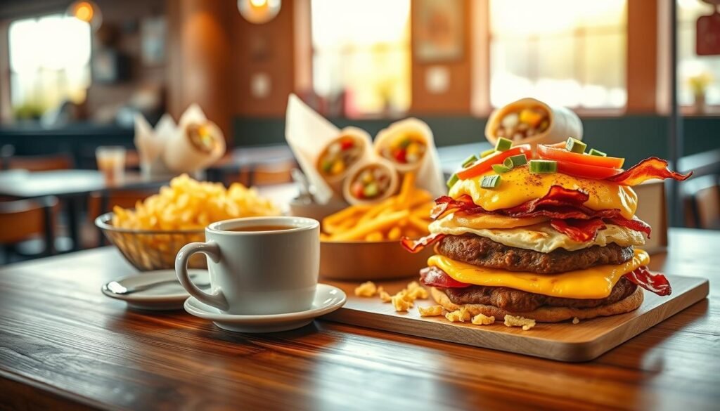 A vibrant display of Five Guys breakfast options featuring a delicious spread of golden hash browns, fluffy scrambled eggs, crispy bacon, and fresh, colorful toppings like avocado and tomatoes. In the foreground, an inviting wooden table holds a steaming cup of coffee beside a hearty breakfast sandwich stacked with layers of egg, sausage, and cheese, all artistically arranged. The middle ground showcases neatly wrapped breakfast burritos, and the background features a rustic diner-style setting with bright, natural light streaming through large windows, creating a warm and welcoming atmosphere. The lens captures the scene with a shallow depth of field to emphasize the food while subtly blurring the diner ambiance. The overall mood is cozy and energizing, perfect for a morning meal with friends or family. A vibrant display of Five Guys breakfast options featuring a delicious spread of golden hash browns, fluffy scrambled eggs, crispy bacon, and fresh, colorful toppings like avocado and tomatoes. In the foreground, an inviting wooden table holds a steaming cup of coffee beside a hearty breakfast sandwich stacked with layers of egg, sausage, and cheese, all artistically arranged. The middle ground showcases neatly wrapped breakfast burritos, and the background features a rustic diner-style setting with bright, natural light streaming through large windows, creating a warm and welcoming atmosphere. The lens captures the scene with a shallow depth of field to emphasize the food while subtly blurring the diner ambiance. The overall mood is cozy and energizing, perfect for a morning meal with friends or family.