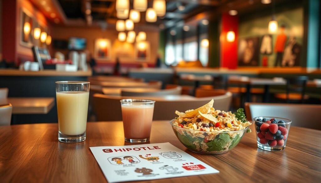 A vibrant display of a Chipotle kids menu on a wooden table. In the foreground, a colorful, kid-friendly burrito bowl with bright ingredients like rice, beans, corn, and fresh vegetables, alongside a small side of tortilla chips. A cup of apple juice and a cheerful fruit cup with mixed berries are elegantly placed next to the bowl. In the middle ground, a neatly printed kids menu featuring illustrations of the meals and playful graphics, artistically arranged. The background is a bustling, cheerful Chipotle restaurant with warm, inviting lighting, showcasing the vibrant decor and seating areas. The atmosphere is lively and family-friendly, evoking a sense of joy and community. Use a soft-focus lens to create a warm, inviting feel to the scene, capturing the essence of a child-friendly dining experience. A vibrant display of a Chipotle kids menu on a wooden table. In the foreground, a colorful, kid-friendly burrito bowl with bright ingredients like rice, beans, corn, and fresh vegetables, alongside a small side of tortilla chips. A cup of apple juice and a cheerful fruit cup with mixed berries are elegantly placed next to the bowl. In the middle ground, a neatly printed kids menu featuring illustrations of the meals and playful graphics, artistically arranged. The background is a bustling, cheerful Chipotle restaurant with warm, inviting lighting, showcasing the vibrant decor and seating areas. The atmosphere is lively and family-friendly, evoking a sense of joy and community. Use a soft-focus lens to create a warm, inviting feel to the scene, capturing the essence of a child-friendly dining experience.