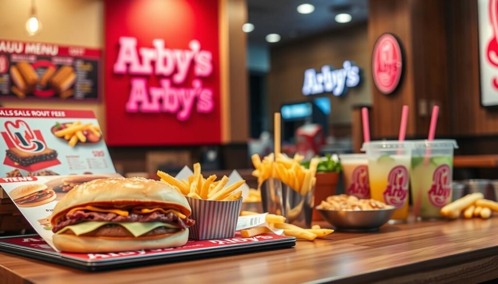 A vibrant display of an Arby's menu in a stylish fast-food setting, showcasing an array of delicious menu items such as classic roast beef sandwiches, curly fries, and refreshing beverages arranged neatly on a wooden table. In the foreground, a close-up of the menu board, featuring colorful visuals of the food items, helping viewers immediately recognize Arby's offerings. The middle layer shows a subtle background hint of an Arby's restaurant with warm, inviting lighting, suggesting a casual dining atmosphere. The image should be captured from a slightly elevated angle, giving a clear view of the menu items while maintaining an appetizing focus. The overall mood should be cheerful and inviting, conveying the idea of enjoying a meal at Arby's, with no text or distractions present. A vibrant display of an Arby's menu in a stylish fast-food setting, showcasing an array of delicious menu items such as classic roast beef sandwiches, curly fries, and refreshing beverages arranged neatly on a wooden table. In the foreground, a close-up of the menu board, featuring colorful visuals of the food items, helping viewers immediately recognize Arby's offerings. The middle layer shows a subtle background hint of an Arby's restaurant with warm, inviting lighting, suggesting a casual dining atmosphere. The image should be captured from a slightly elevated angle, giving a clear view of the menu items while maintaining an appetizing focus. The overall mood should be cheerful and inviting, conveying the idea of enjoying a meal at Arby's, with no text or distractions present.