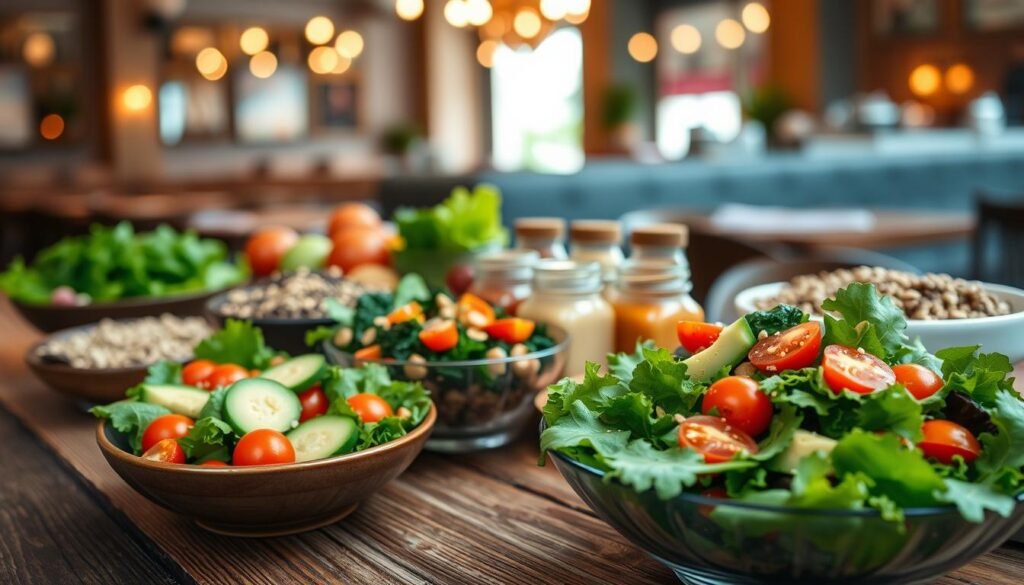 A vibrant display of an array of salads and bowls arranged elegantly on a rustic wooden table. In the foreground, a colorful garden salad featuring fresh greens, cherry tomatoes, cucumbers, and avocado, drizzled with a light vinaigrette. Beside it, a quinoa bowl filled with roasted vegetables, kale, and a sprinkle of sunflower seeds. The middle section showcases a variety of dressings in small glass jars, adding to the inviting atmosphere. In the background, a softly blurred restaurant setting with warm lights, enhancing the cozy and welcoming mood. The image is captured with a shallow depth of field, making the salads pop against the softly illuminated backdrop, inviting the viewer to enjoy a nutritious, lower-allergen meal.