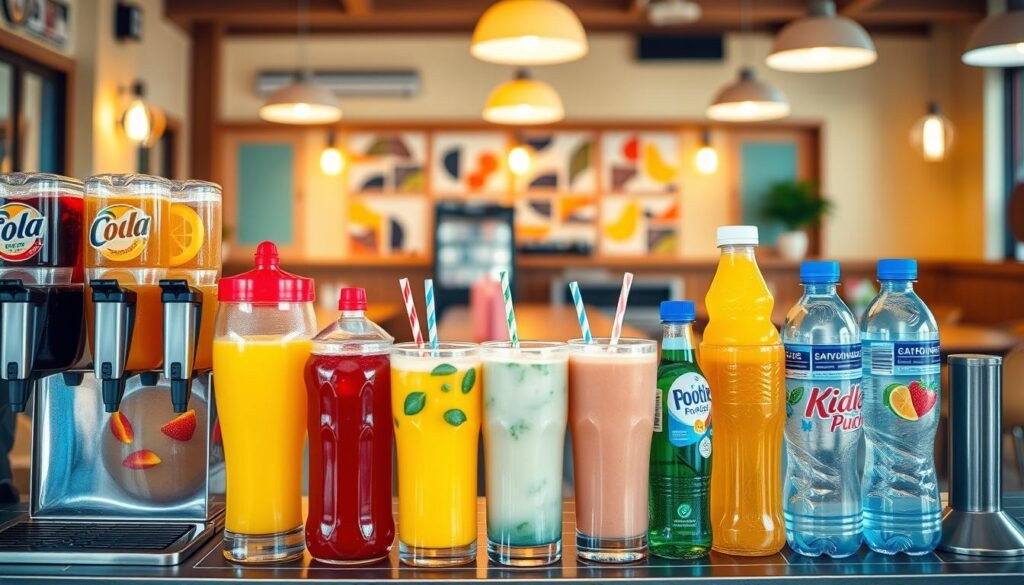 A vibrant display of fountain drinks and bottled beverages in a cheerful, kid-friendly environment. In the foreground, a bright assortment of colorful fountain drink dispensers featuring various popular flavors, such as cola, lemonade, and fruit punch, along with eye-catching bottled beverages like juice boxes and sparkling waters. The middle section showcases a playful arrangement of kid-friendly options, such as smoothies and flavored water, presented in appealing cups with fun straws. The background features a softly blurred cafe setting with warm, inviting lighting, wooden tables, and soft pastel decor, creating a welcoming atmosphere. Capture this scene from an eye-level perspective, with a shallow depth of field to accentuate the drinks while adding a touch of warmth and playfulness to the overall composition.