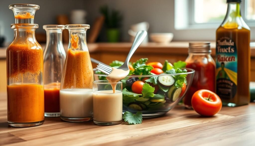 A vibrant display of various dressings and sauces arranged artistically on a wooden table, with a focus on colorful and diverse options. The foreground features elegant glass containers filled with creamy ranch, zesty vinaigrette, and fiery sriracha, each glistening under soft, natural light. In the middle layer, a bowl of fresh salad sits with a fork, showcasing vibrant greens, cherry tomatoes, and cucumbers, invitingly drizzled with dressing. The background includes a lightly blurred kitchen countertop, enhancing the homely atmosphere. The lighting is warm and inviting, creating a fresh and appetizing mood, ideal for food enthusiasts and health-conscious readers alike. Capture this with a slightly elevated angle to emphasize the dressing textures and salad freshness.