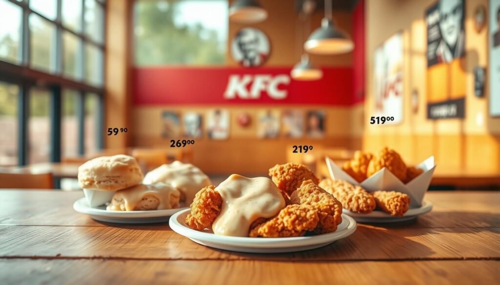 A vibrant, engaging image illustrating the concept of "calories" in a nutritional context. In the foreground, a wooden table displays various KFC breakfast items such as biscuits, gravy, and fried chicken, each labeled with their calorie counts in a tasteful manner. The middle layer features a clear, visually appealing plate of food, showcasing textures and colors, with nutritional icons like calorie and protein symbols artistically integrated. In the background, a softly blurred KFC restaurant interior creates a warm atmosphere, illuminated by natural sunlight streaming through large windows, enhancing the inviting mood. The angle is slightly overhead, allowing for a balanced view of the food while maintaining focus on the calorie theme. The overall composition is bright and appetizing, evoking a sense of curiosity about KFC's breakfast menu and its nutritional information.