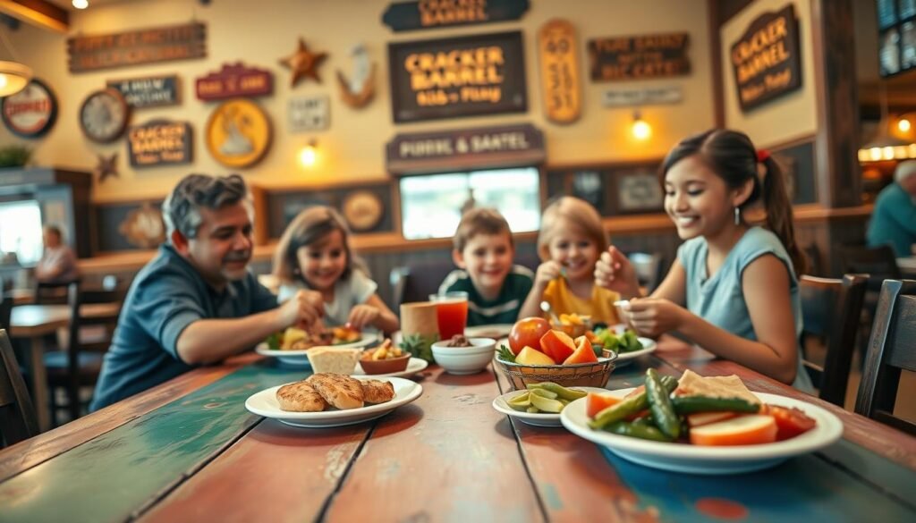 A vibrant, family-friendly dining scene at a Cracker Barrel restaurant, showcasing a well-balanced meal from the kids' menu. In the foreground, a colorful wooden table is adorned with nutritious dishes like grilled chicken tenders, fresh fruit, and steamed vegetables, appealing to both children and parents. In the middle ground, a family of four (two adults, two kids) enjoys their meal, all dressed in subtle, casual clothing. The background features Cracker Barrel's rustic decor, with vintage signs and wooden accents, bathed in warm, inviting lighting that creates a cozy atmosphere. The photo is taken from a slightly elevated angle, capturing the joy and connection among family members, emphasizing healthy eating in a welcoming restaurant environment. A vibrant, family-friendly dining scene at a Cracker Barrel restaurant, showcasing a well-balanced meal from the kids' menu. In the foreground, a colorful wooden table is adorned with nutritious dishes like grilled chicken tenders, fresh fruit, and steamed vegetables, appealing to both children and parents. In the middle ground, a family of four (two adults, two kids) enjoys their meal, all dressed in subtle, casual clothing. The background features Cracker Barrel's rustic decor, with vintage signs and wooden accents, bathed in warm, inviting lighting that creates a cozy atmosphere. The photo is taken from a slightly elevated angle, capturing the joy and connection among family members, emphasizing healthy eating in a welcoming restaurant environment.