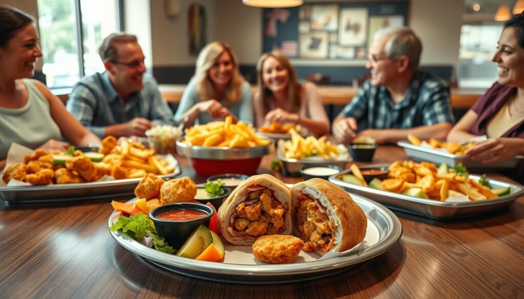 A vibrant family-style meal spread featuring various Chick-fil-A trays, each brimming with golden-brown chicken nuggets, crispy fries, and fresh salads, arranged artfully on a wooden dining table. In the foreground, a large tray displays the signature chicken sandwich cut in half, alongside a colorful fruit tray and dipping sauces. In the middle, family members dressed in modest casual clothing laugh and enjoy the meal together, conveying a warm, inviting atmosphere. The background features a cozy dining room with soft, natural lighting filtering through a window, casting gentle shadows and enhancing the appetizing colors of the food. A well-set table reflects an engaging, communal dining experience perfect for groups. A vibrant family-style meal spread featuring various Chick-fil-A trays, each brimming with golden-brown chicken nuggets, crispy fries, and fresh salads, arranged artfully on a wooden dining table. In the foreground, a large tray displays the signature chicken sandwich cut in half, alongside a colorful fruit tray and dipping sauces. In the middle, family members dressed in modest casual clothing laugh and enjoy the meal together, conveying a warm, inviting atmosphere. The background features a cozy dining room with soft, natural lighting filtering through a window, casting gentle shadows and enhancing the appetizing colors of the food. A well-set table reflects an engaging, communal dining experience perfect for groups.