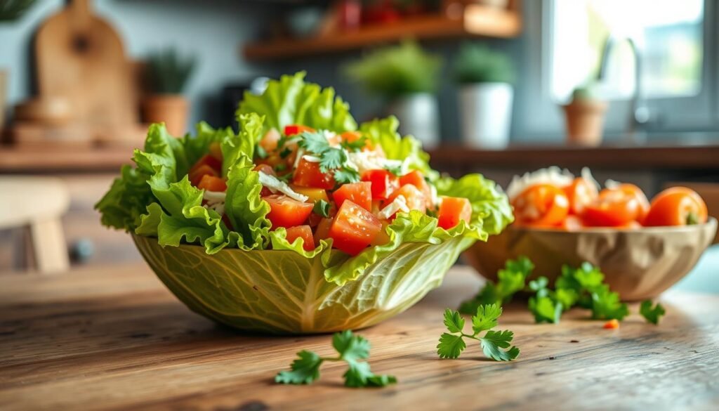 A vibrant, fresh lettuce bowl centered in the foreground, overflowing with a variety of low-carb vegetables. The lettuce is crisp and green, mixed with colorful bell peppers, diced tomatoes, and shredded cheese, creating a feast for the eyes. In the middle ground, a rustic wooden table adds warmth and texture, while a hint of cilantro provides a pop of freshness. The background showcases a blurred kitchen environment with soft, natural lighting filtering through a window, enhancing the fresh and inviting atmosphere. The image is captured at a slight angle, emphasizing the bowl's depth and inviting allure, with an overall mood of healthfulness and culinary delight. A vibrant, fresh lettuce bowl centered in the foreground, overflowing with a variety of low-carb vegetables. The lettuce is crisp and green, mixed with colorful bell peppers, diced tomatoes, and shredded cheese, creating a feast for the eyes. In the middle ground, a rustic wooden table adds warmth and texture, while a hint of cilantro provides a pop of freshness. The background showcases a blurred kitchen environment with soft, natural lighting filtering through a window, enhancing the fresh and inviting atmosphere. The image is captured at a slight angle, emphasizing the bowl's depth and inviting allure, with an overall mood of healthfulness and culinary delight.