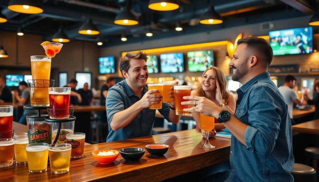 A vibrant "happy hour" scene at a Buffalo Wild Wings restaurant, featuring a wooden bar stacked with colorful, refreshing drinks including beers, cocktails, and a variety of sauces in small bowls. In the foreground, two friends in casual attire, laughing and toasting with their drinks, exuding a joyous atmosphere. The middle ground displays a bustling bar with patrons enjoying their drinks, and a bartender skillfully mixing cocktails. The background reveals B-Dubs' signature decor with TV screens showing sports events. Soft, warm lighting creates an inviting ambiance, with an inviting bokeh effect. The camera angle is slightly elevated, capturing the lively spirit of camaraderie and enjoyment.