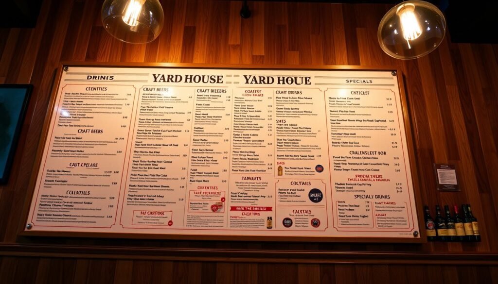 A vibrant, high-resolution image of a Yard House drink menu displayed on a wood-paneled wall, with a warm, inviting ambiance. The menu features an extensive selection of craft beers, cocktails, and specialty drinks, showcased against a backdrop of hanging pendant lights and shelves of liquor bottles. The overall composition conveys the upscale, modern atmosphere of a Yard House restaurant, with a focus on the diverse and carefully curated drink offerings that are a signature of the Yard House brand. A vibrant, high-resolution image of a Yard House drink menu displayed on a wood-paneled wall, with a warm, inviting ambiance. The menu features an extensive selection of craft beers, cocktails, and specialty drinks, showcased against a backdrop of hanging pendant lights and shelves of liquor bottles. The overall composition conveys the upscale, modern atmosphere of a Yard House restaurant, with a focus on the diverse and carefully curated drink offerings that are a signature of the Yard House brand.